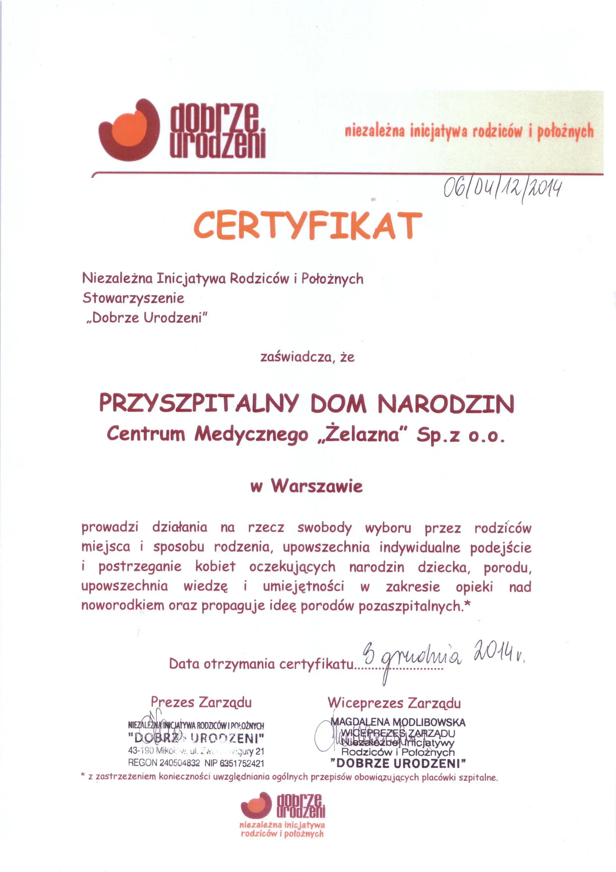 Certyfikat Dobrze Urodzeni