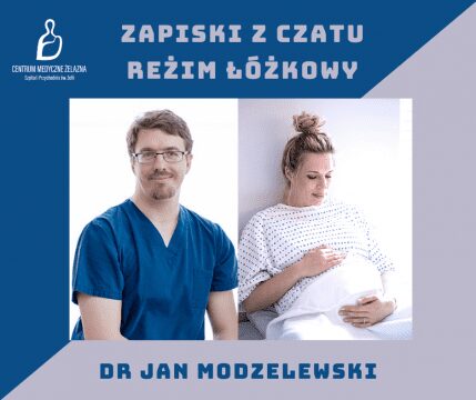 dr Jan Modzelewski, kobieta w ciąży, siedzi na łóżku, trzyma ręce na brzuchu
