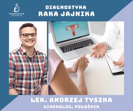Lekarz Andrzej Tyszka, grafika lekarza z pacjentką, komputer z grafiką jajników